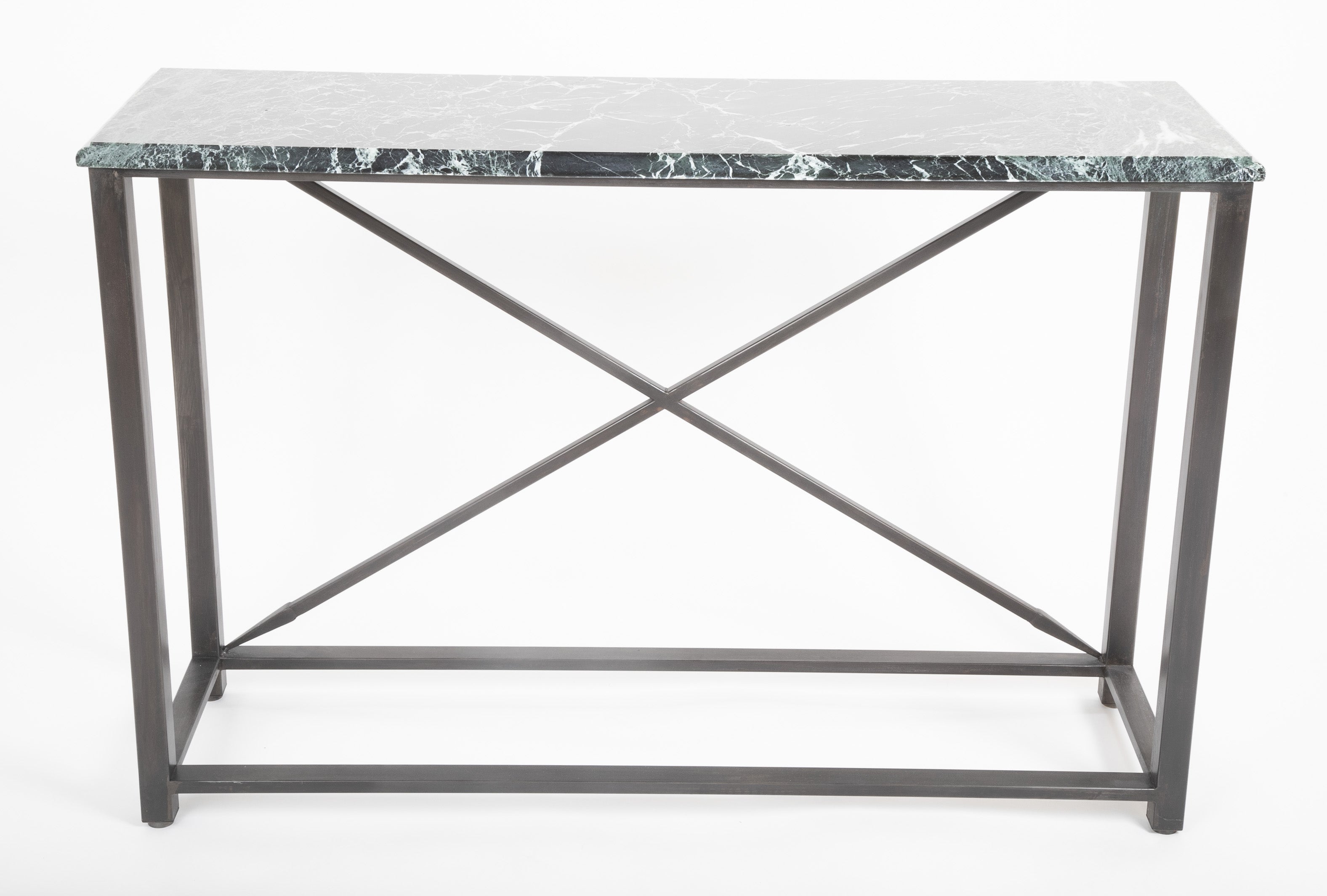 Pair of Neo-Classical Style Steel Console Tables with Marble Tops