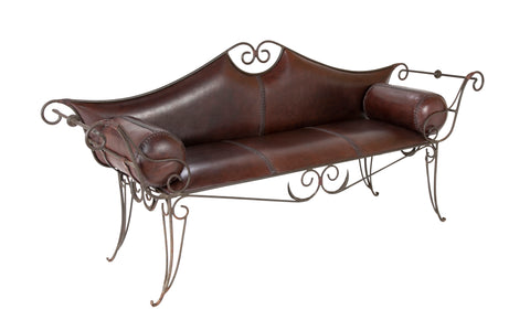 French Wrought Iron and Leather Upholstered Settee