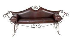 French Wrought Iron and Leather Upholstered Settee