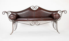 French Wrought Iron and Leather Upholstered Settee