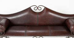 French Wrought Iron and Leather Upholstered Settee