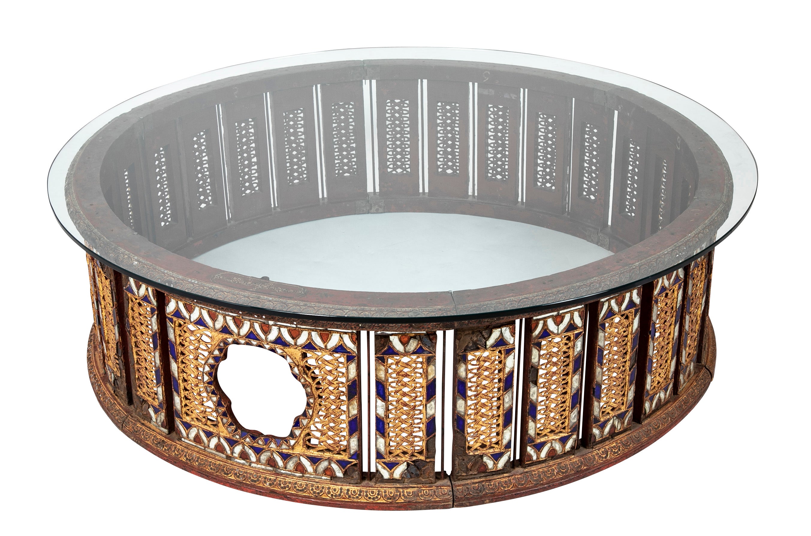 19th Burmese Inlaid Mosaic Round Glass Topped Coffee Table