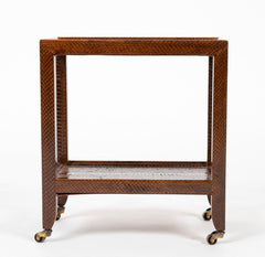 Pair of Karl Springer Snake Skin Two Tier Side Tables on Brass Casters