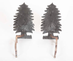 Unique Pair of Vintage Evergreen Tree Form Puddle Cast Iron Andirons