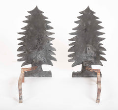 Unique Pair of Vintage Evergreen Tree Form Puddle Cast Iron Andirons