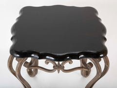 Pair of French Midcentury Wrought Iron Side Tables with Black Lacquered Tops