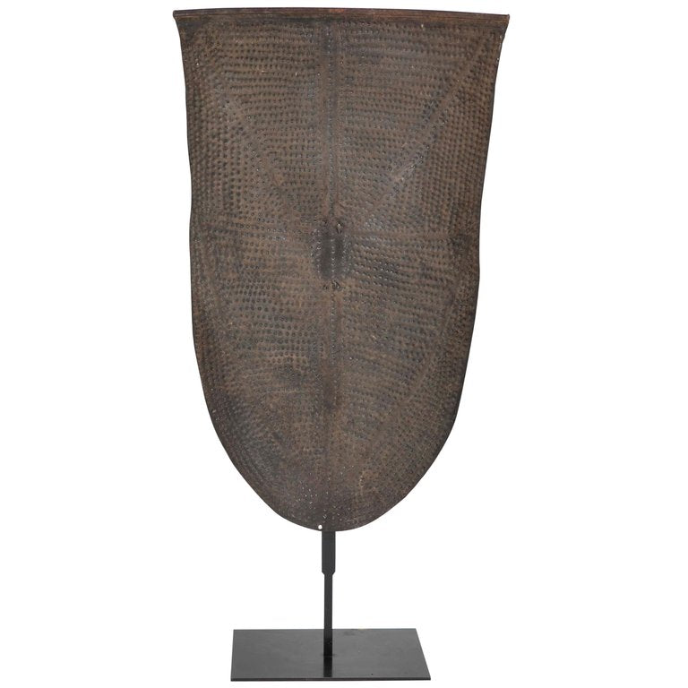 Embossed Metal Kirdi Shield from Cameroon on Bronze Stand
