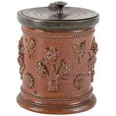 18th Century German Salt Glaze Tobacco Jar with Pewter Mounts