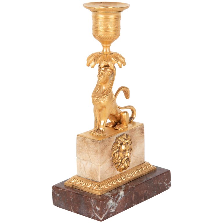 Gilt Sphinx Themed Candlestick on a Stepped Marble Base