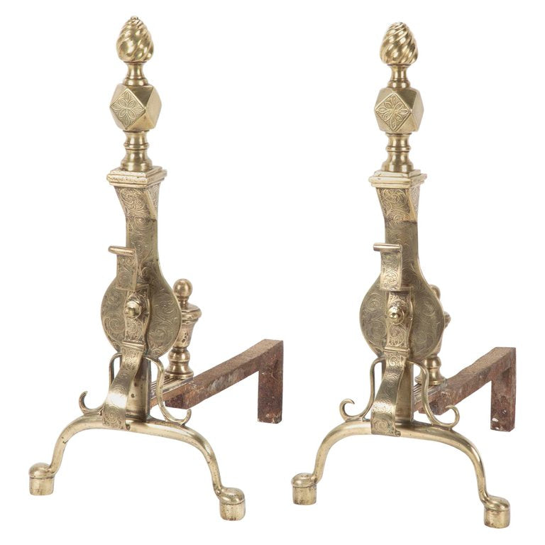 Pair of 19th Century English Etched Brass Andirons