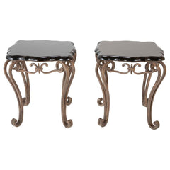 Pair of French Midcentury Wrought Iron Side Tables with Black Lacquered Tops