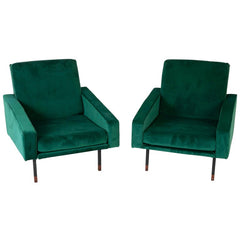 Pair of Upholstered Italian Mid-Century Armchairs with Walnut Tipped Legs