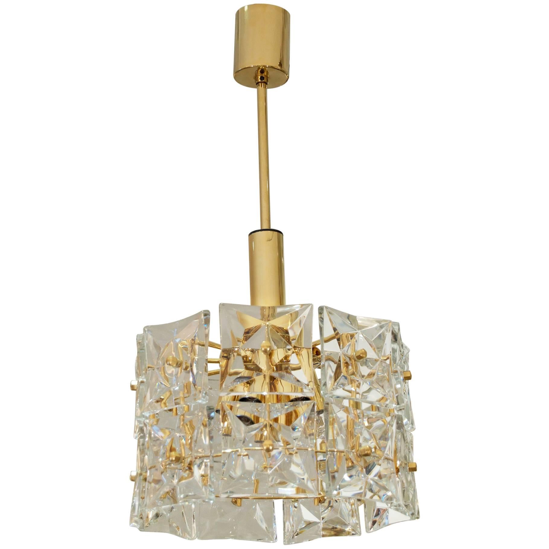 Two Tier Goldplate Drum Form Chandelier with Square Crystals by Kinkel Avery Dash Collections