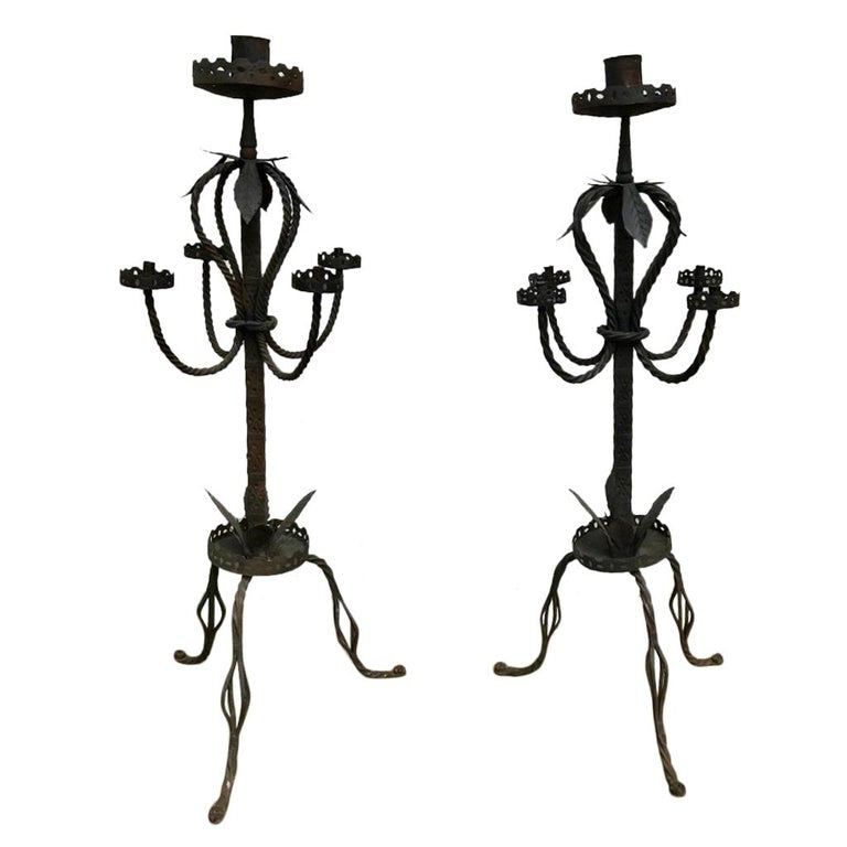 Pair of Italian Baroque Wrought Iron Five Light Candelabra