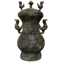 Chinese Archaistic Bronze Lidded Vessel with Bird Handles