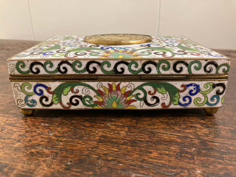 Chinese Cloisonne Box with Carved Jade Inset Medallion