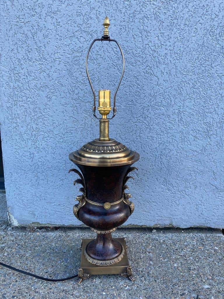 Russian Neoclassical Bronze and Leather Urn-Form Peacock Lamp