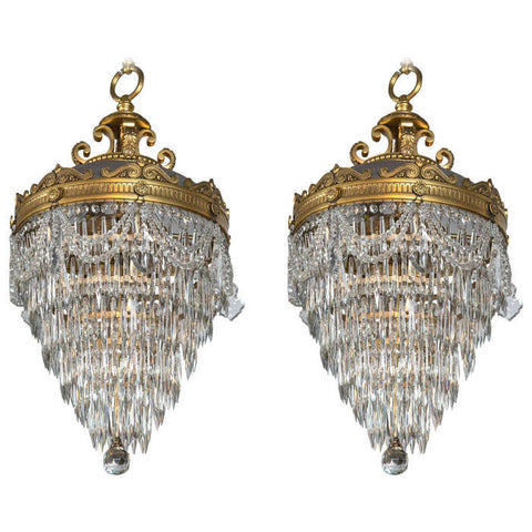 Pair of Bronze & Crystal Drop Chandeliers