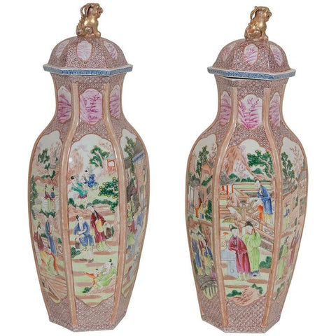 Pair of Large Chinese Export Covered Vases