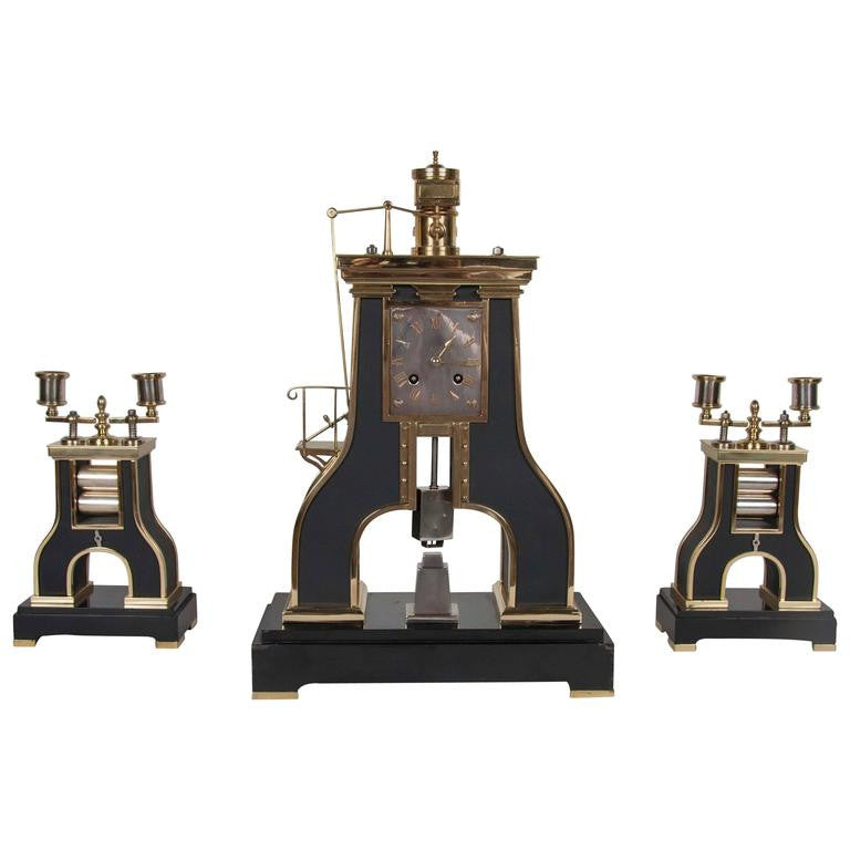 Handsome French Industrial Clock and garniture