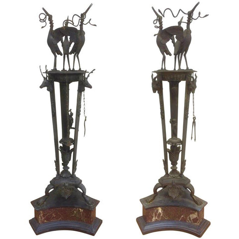 Pair of Italian Grand Tour Bronze Oil Lamps on Marble Bases