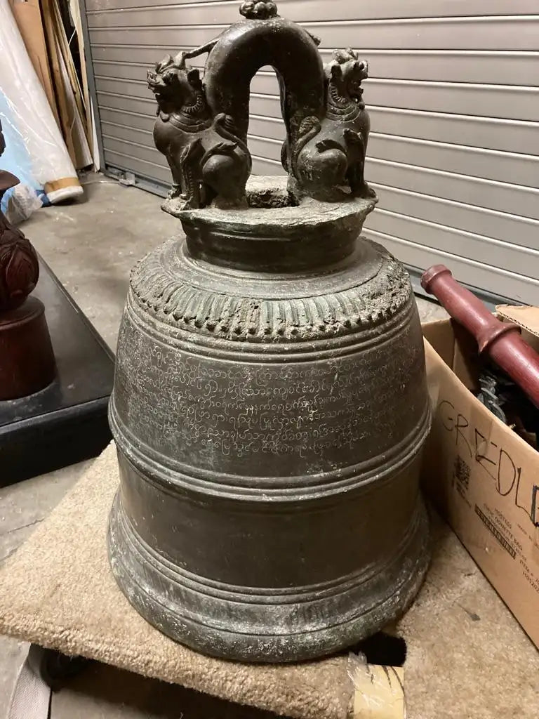 19th Century Burmese Bronze Temple Bell with Stand