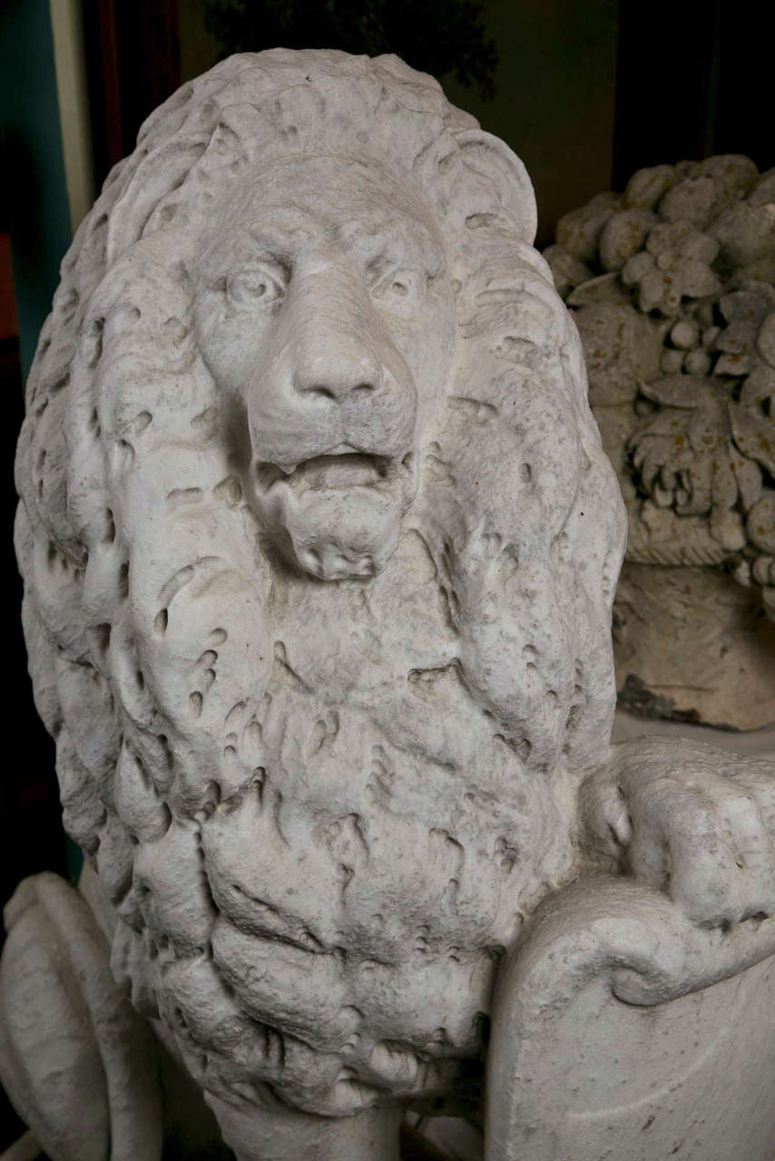 Pair of Carrara Marble Armorial Lions