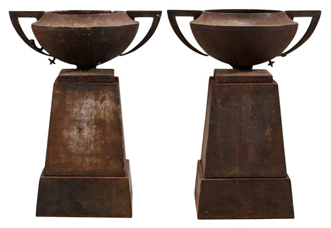 A Pair of Egyptian Revival American Cast Iron Garden Urns by Kramer Brothers Foundry