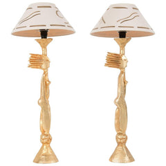 A Pair of Gold Plated Bronze Table Lamps by Pierre Casenove with Original Shade