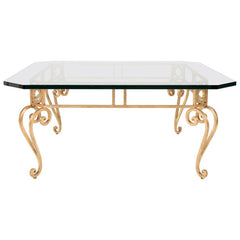 Hollywood Regency Mid Century Modern Gilt Iron Glass Top Coffee Table
