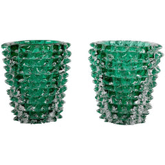 Pair of Murano Green Iridescent Glass Vases Signed Pino Signoretto