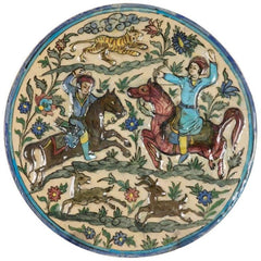 Glazed Persian Ceramic Rondel with Archers on Horseback