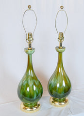Earth-Tone Drip Glazed Ceramic Lamps with Gilt Hardware