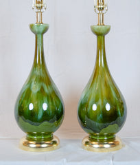 Earth-Tone Drip Glazed Ceramic Lamps with Gilt Hardware