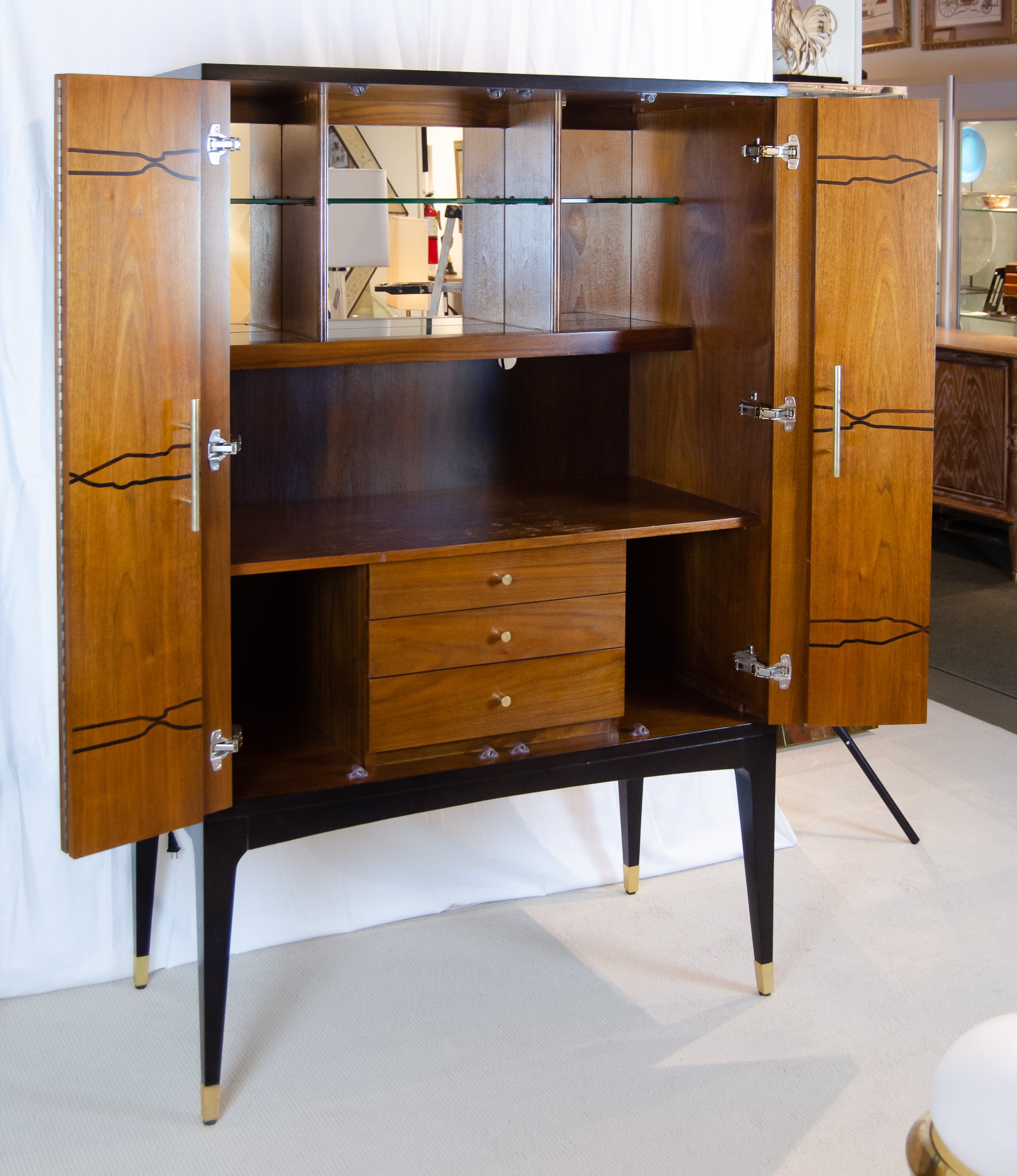 Contemporary Art Deco Influenced Inlaid Wood & Lacquer Bar Cabinet by Brownstone Furniture