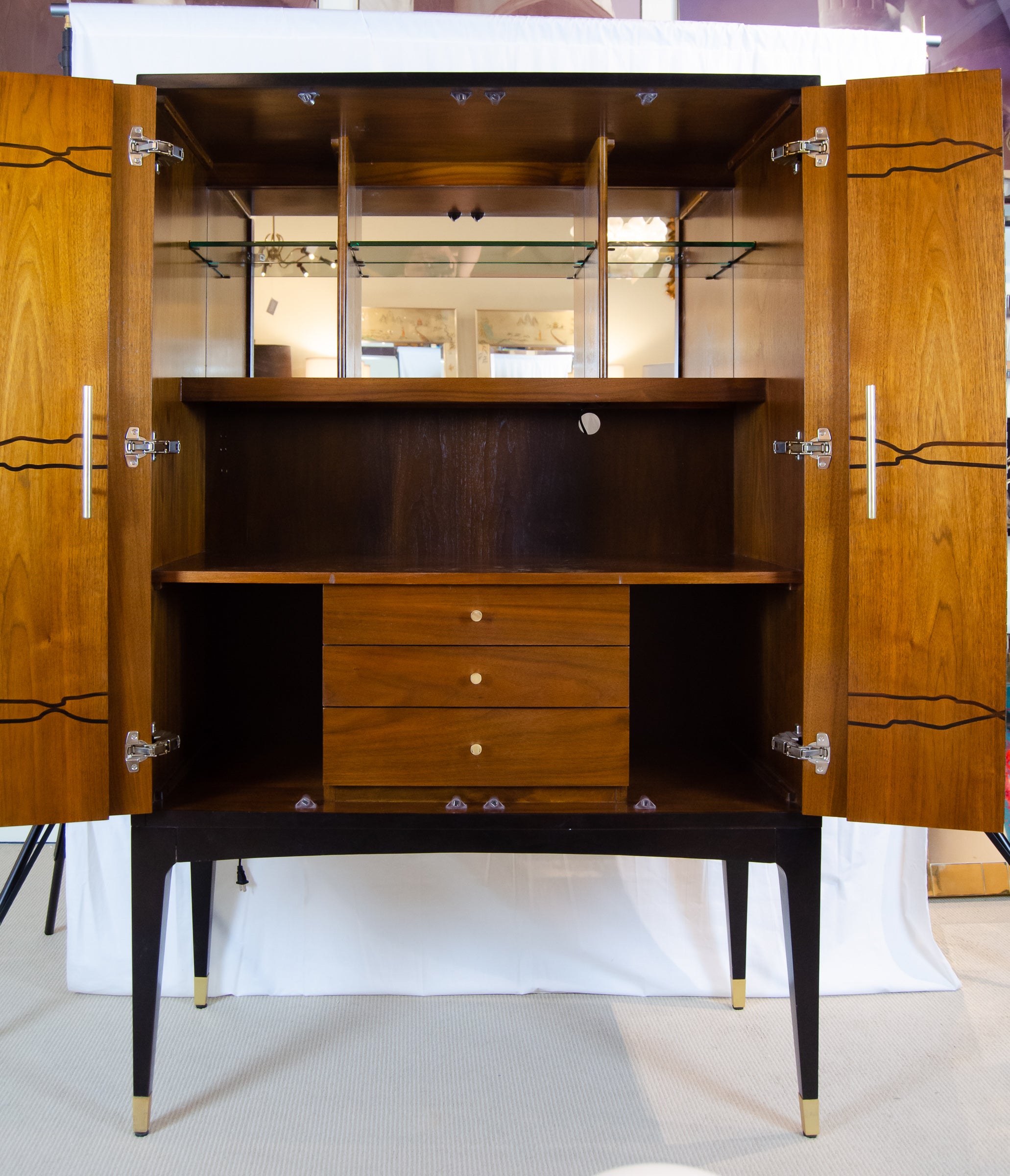 Contemporary Art Deco Influenced Inlaid Wood & Lacquer Bar Cabinet by Brownstone Furniture