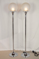 Pair of Chrome Floor Lamps with Opal Globe Shades by Elio Martinelli -Martinelli Luce