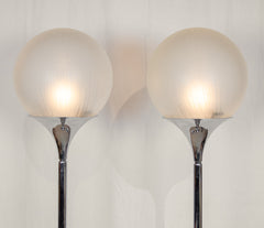 Pair of Chrome Floor Lamps with Opal Globe Shades by Elio Martinelli -Martinelli Luce