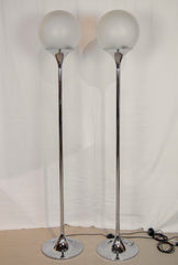 Pair of Chrome Floor Lamps with Opal Globe Shades by Elio Martinelli -Martinelli Luce