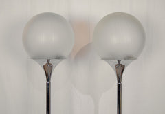 Pair of Chrome Floor Lamps with Opal Globe Shades by Elio Martinelli -Martinelli Luce