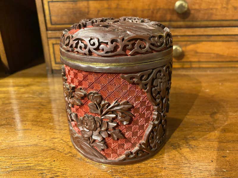 Chinese Carved Cinnabar Round Lidded Box or Jar