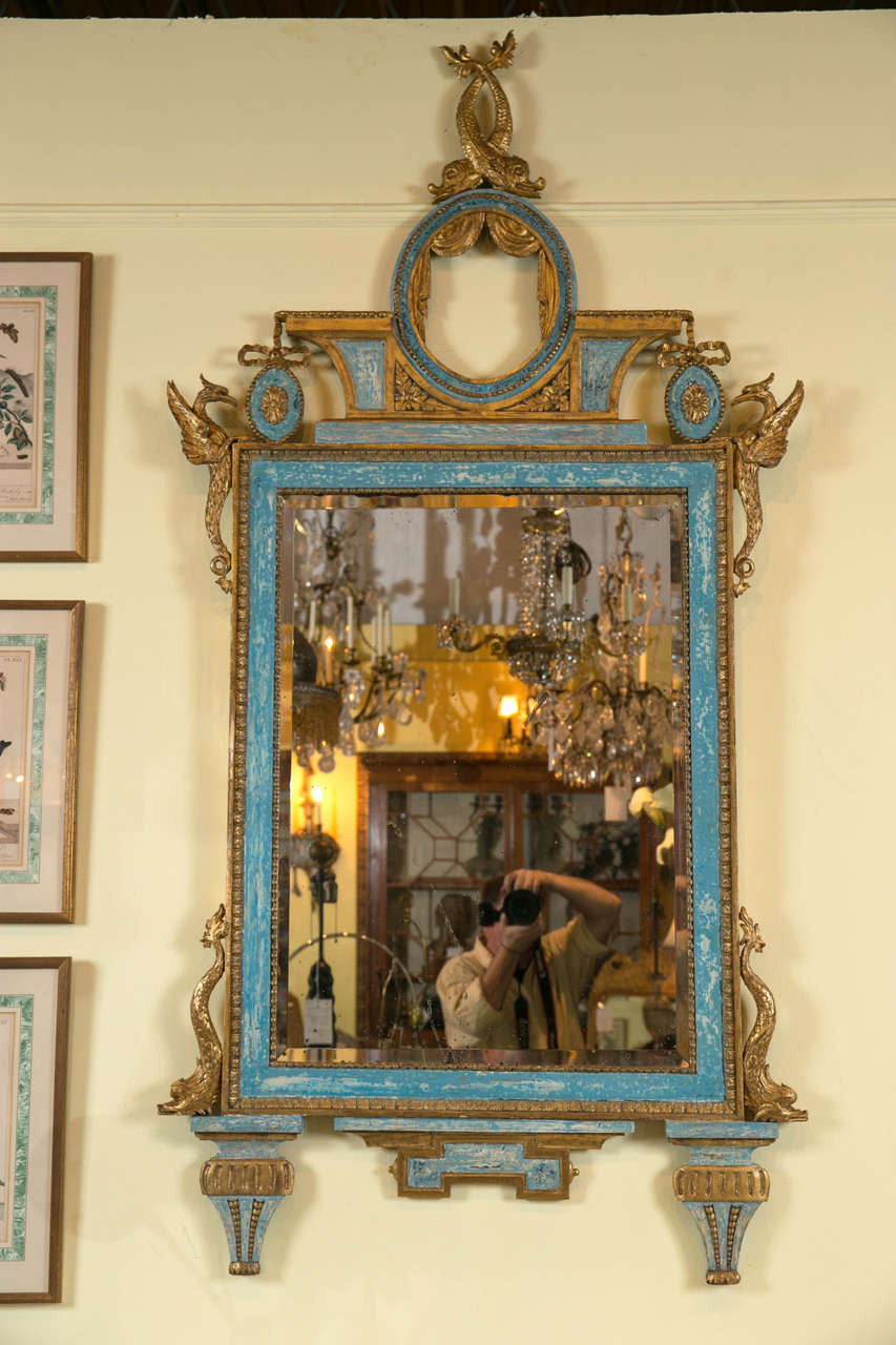 Gilt & Blue Painted Italian Looking Glass