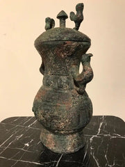 Chinese Archaistic Bronze Lidded Vessel with Bird Handles