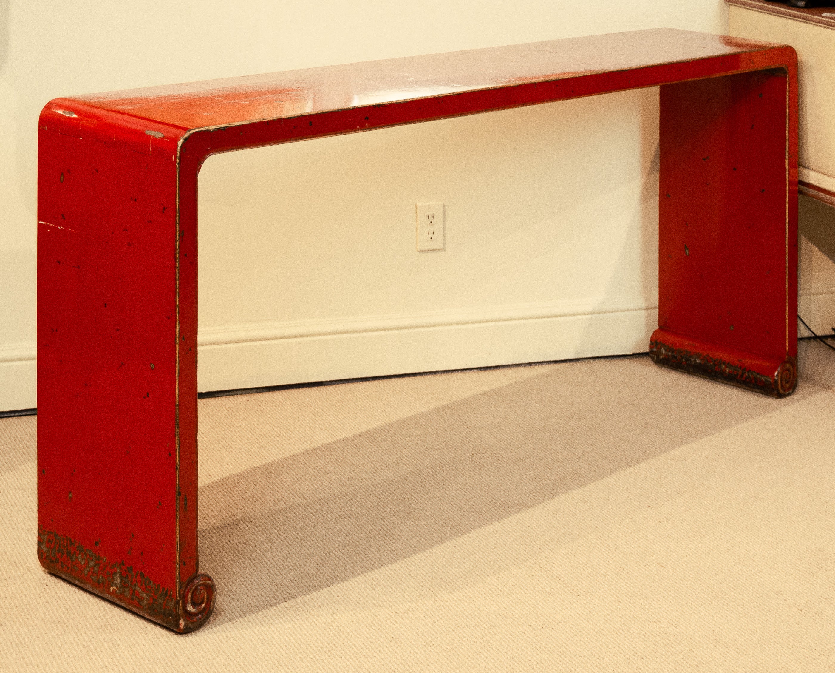 Red Lacquer Distressed Finish Chinoiserie Console