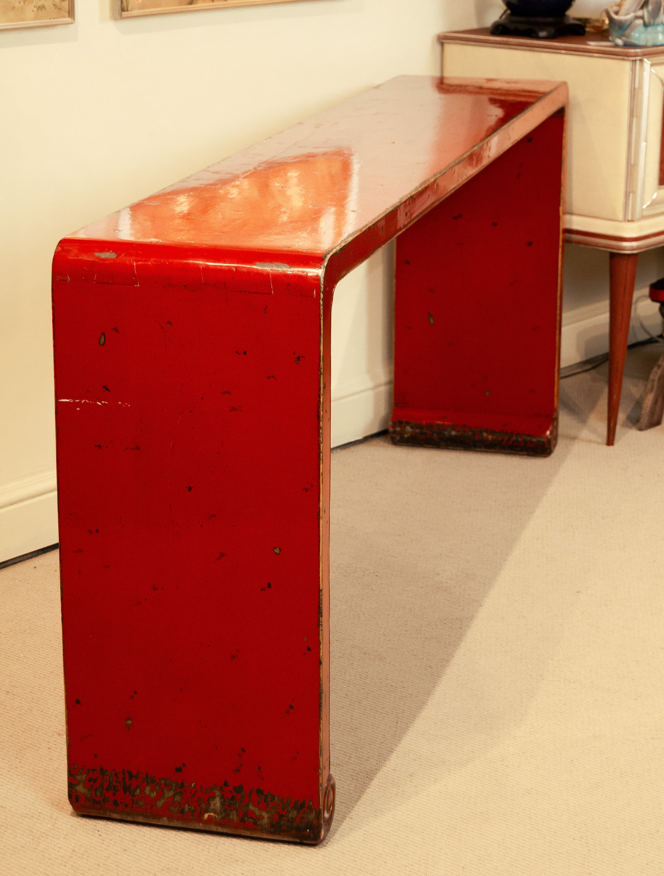 Red Lacquer Distressed Finish Chinoiserie Console