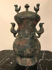 Chinese Archaistic Bronze Lidded Vessel with Bird Handles