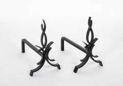 Pair of Black Wrought Iron Andirons by Raymond Subes