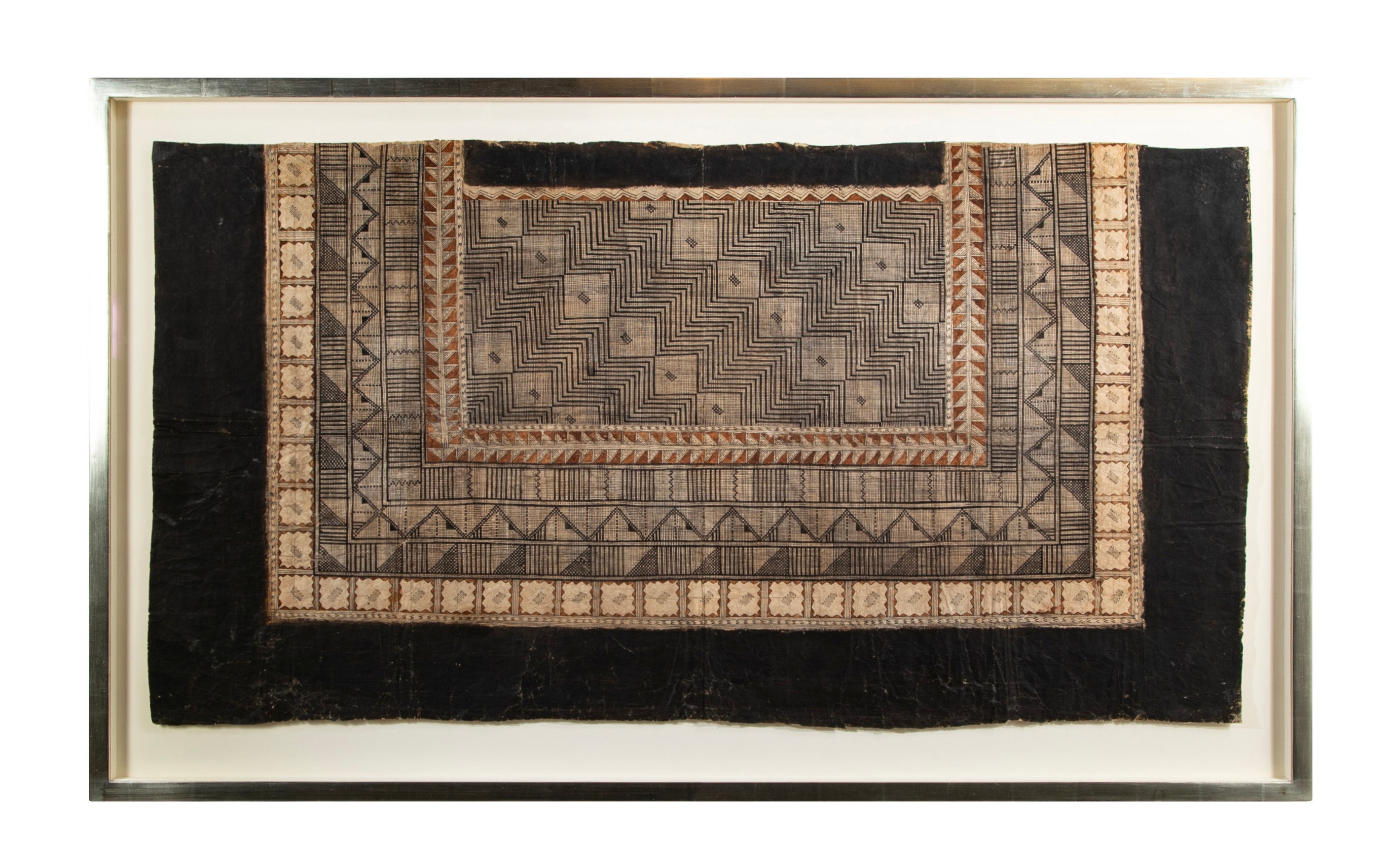 Framed French Polynesian Painted Tapa Cloth Panel