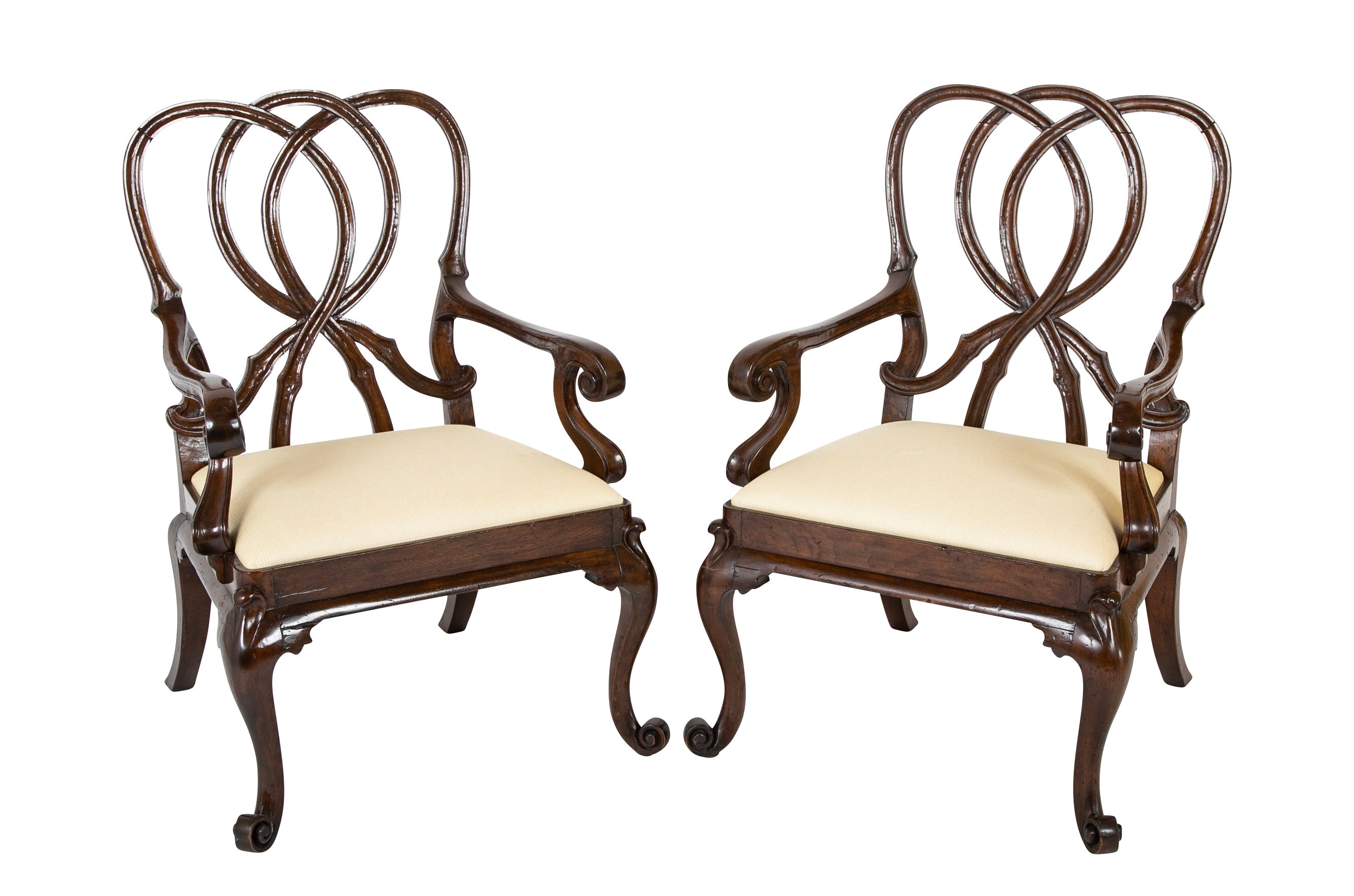 A Pair of Venetian Rococo Style Walnut Armchairs