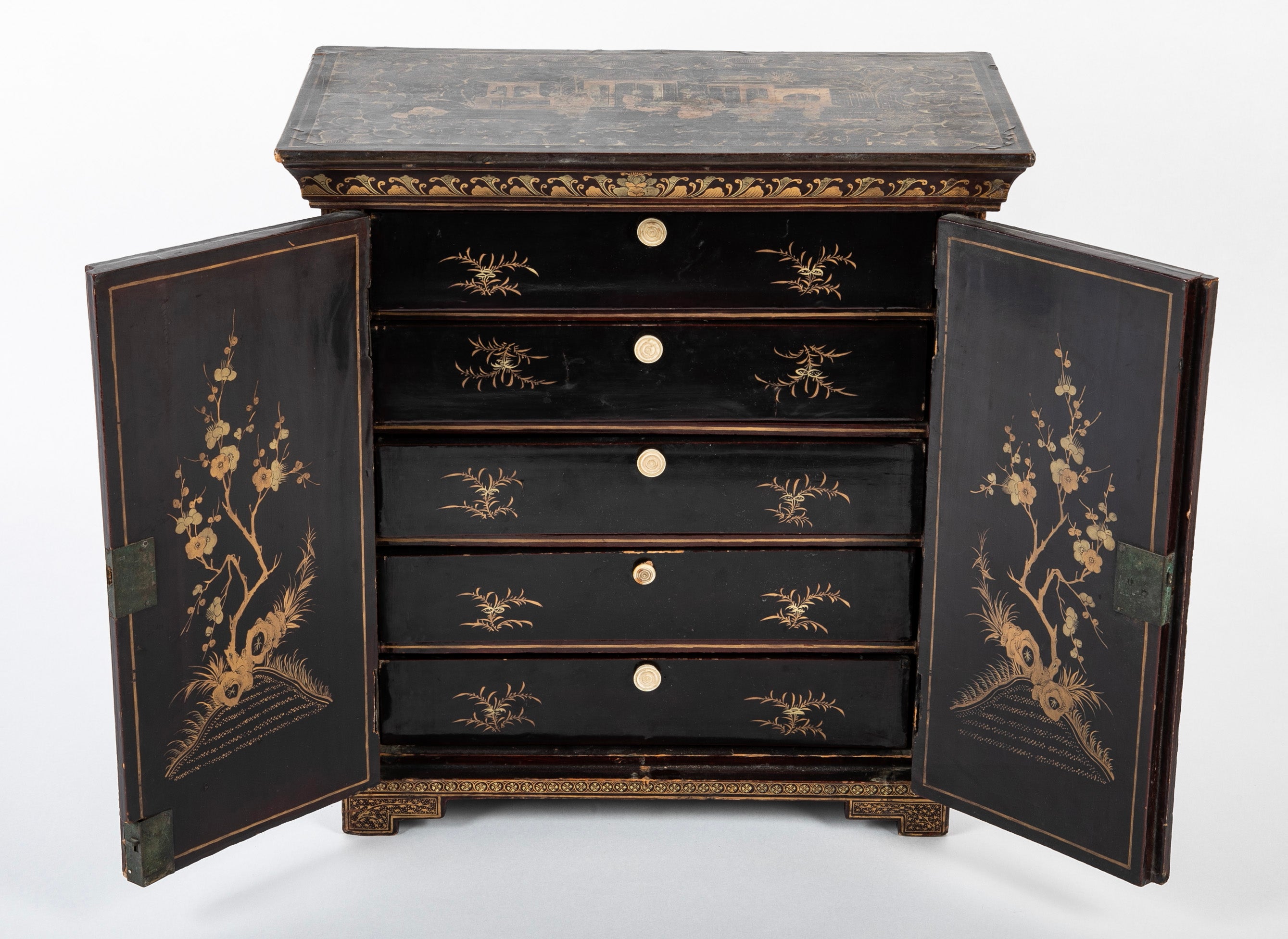 A Chinese Two Door Black Lacquered Table Top Chest